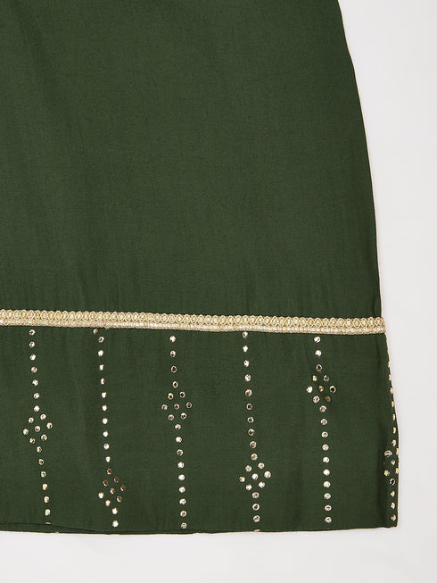 Girl's' Bottle Green Kurta Set With Dupatta
